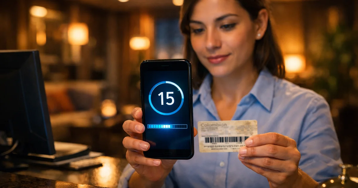 Recepcionista de motel verificando cédula colombiana con aplicación móvil